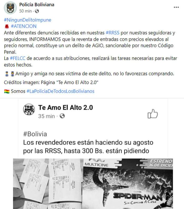 YaeTeInforma's tweet photo. 🔴Ante denuncias de reventa de entradas para la nueva película #SpiderManNowWayHome, la @Pol_Boliviana anuncia que "realizará las tareas necesarias" para evitar estos hechos de agio. https://t.co/pLWnmXIQBx