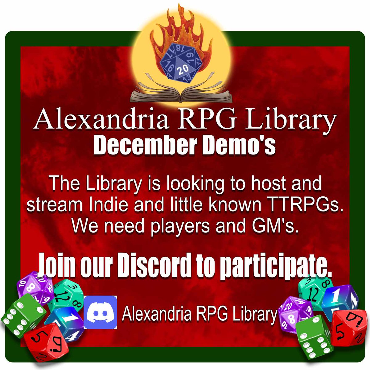Alexandria_RPG's tweet photo. We are looking for players and GM's for some game sessions in December. If you are interested in playing in an #indierpg or running your game, send us a message or join our discord.
#lfg #lfplayers
https://t.co/y5z9PaNe07 https://t.co/9T3rhVhCob