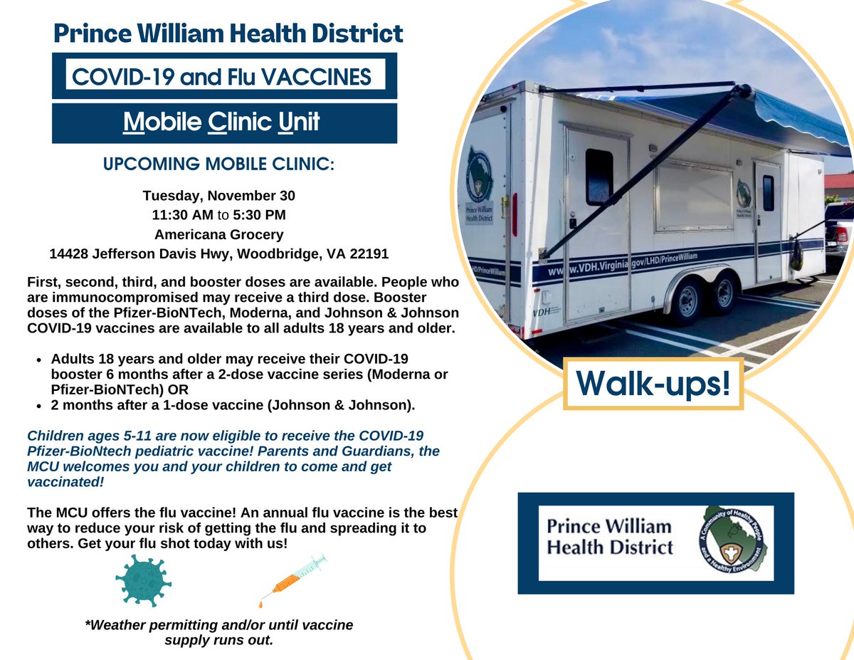 PrinceWilliamHD's tweet photo. COVID-19 Vaccines in #Woodbridge on Tuesday
Mobile Vaccine Clinic:
• Nov. 30 from 11:30 am-5:30 pm
• Americana Grocery
• 14428 Jefferson Davis Hwy, Woodbridge, VA. 22191
• Pfizer COVID-19 vaccines for children 5-11 years old are available.
• Also, get your #FluVaccine https://t.co/11S1edB6Ja