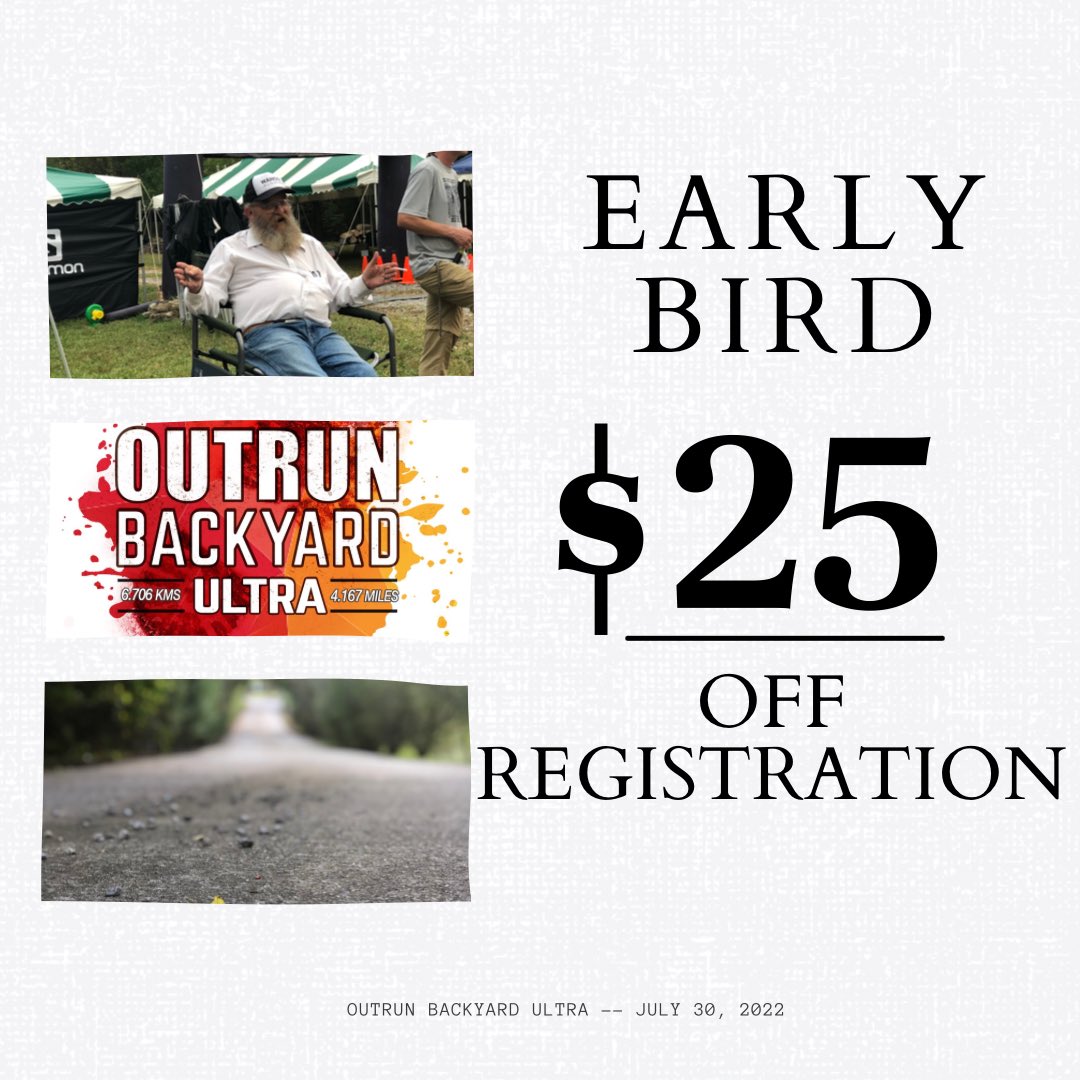 OutrunRacing's tweet image. EARLY BIRD PRICING — SAVE $25!

Since you’re already online looking for deals, grab this one. Just sayin’

🔽 Registration link 🔽

ultrasignup.com/register.aspx?…

#outrunbackyardultra #backyardultra #ultrarunning #ultrarunninglife #bigdogsbackyardultra
