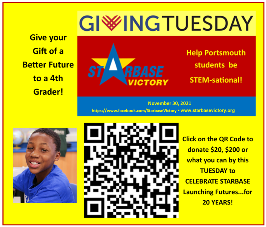 You can help STARBASE this #GivingTuesday Make a difference for a 4th grader who is learning math and science skills now and who wants an opportunity for a great future! Just put your camera to the QR code below or go to starbasevictory.org/donate/.