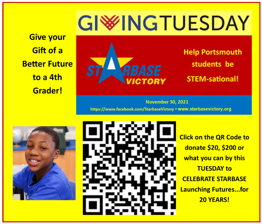 StarbaseVictory's tweet photo. You can help STARBASE this #GivingTuesday Make a difference for a 4th grader who is learning math and science skills now and who wants an opportunity for a great future! Just put your camera to the QR code below or go to https://t.co/2HaKkCwRm6. https://t.co/bSO4XozdbG