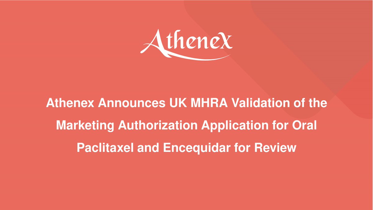 AthenexInc's tweet photo. Today we announced UK MHRA validation of the Marketing Authorization Application for oral paclitaxel and encequidar for review. For more information: https://t.co/2XRCQtvRIK #Athenex https://t.co/UlTjwobRmb