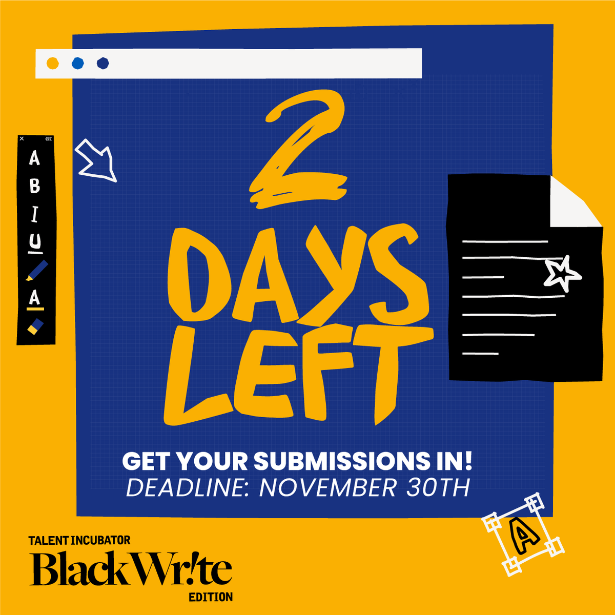 KidsCanPress's tweet image. JUST 2 MORE DAYS to polish off your stories and get your submissions in for the #BlackWrite Talent Incubator, presented by @nelvanaent and @kidscanpress! 

Visit BlackWrite.ca to apply &amp;amp; learn more! Submissions close at midnight on Tuesday.