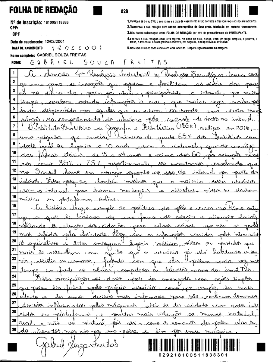 GsF77cs's tweet photo. @fillipebt Minha redação de 2018 aí @fillipebt , o tema foi "Manipulação do comportamento do usuário pelo controle de dados na internet", minha nota foi 860. https://t.co/GZfZEL1WSI