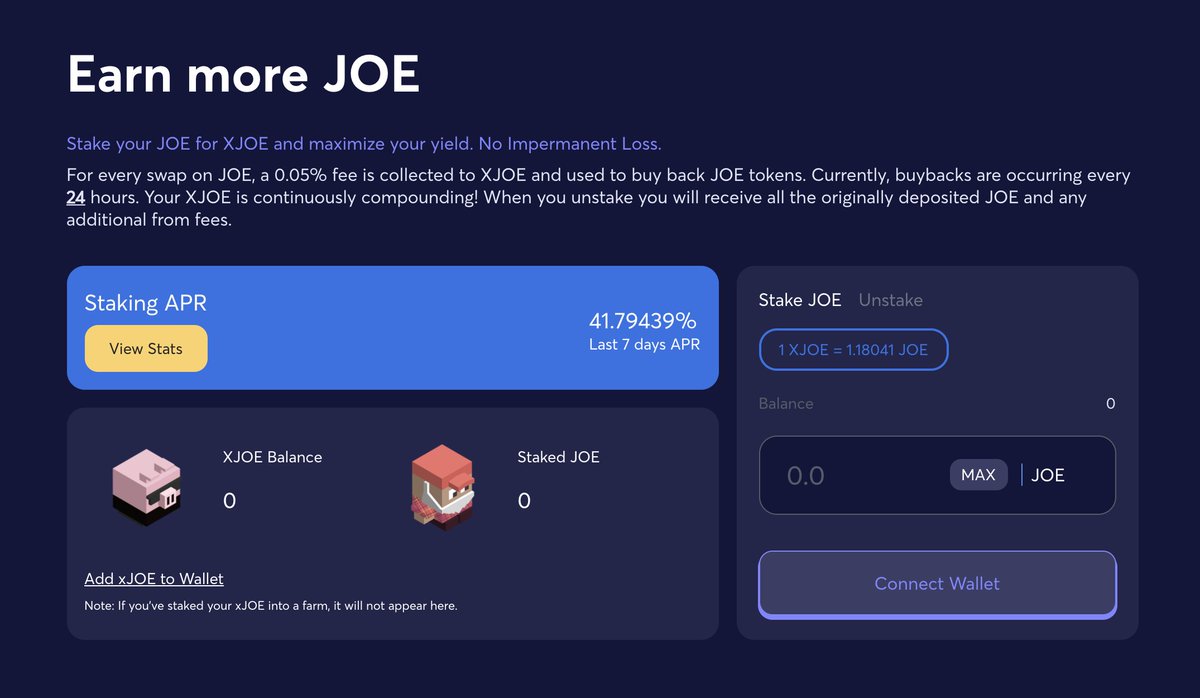 Gokek (@0xgokek) on Twitter photo One of the most undervalued assets in crypto is letting you earn 41.8% APR to stake and another 26% APR to farm your $xJOE 🔺
So, you can earn 68% with no impermanent loss on an asset that is still a 9X away from being on par with <a href="/PancakeSwap/">PancakeSwap</a>.
Up $JOEnly. One of the most undervalued assets in crypto is letting you earn 41.8% APR to stake and another 26% APR to farm your $xJOE 🔺
So, you can earn 68% with no impermanent loss on an asset that is still a 9X away from being on par with <a href="/PancakeSwap/">PancakeSwap</a>.
Up $JOEnly.