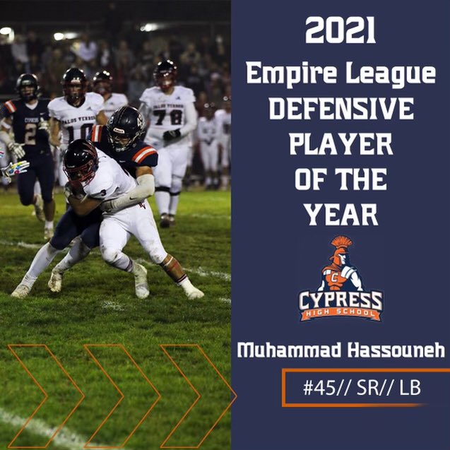 CypressHSFB's tweet photo. We would like to congratulate these 4 young men on earning their league awards. 
Empire League MVP: Matthew Morrell
DPOY: Muhammad Hassonuneh
OBOY: Tomas Ramirez 
Lineman of the Year: George Iyalomhe
#Nekton https://t.co/4FiyYJHyut
