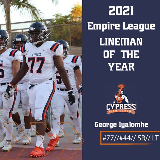 CypressHSFB's tweet photo. We would like to congratulate these 4 young men on earning their league awards. 
Empire League MVP: Matthew Morrell
DPOY: Muhammad Hassonuneh
OBOY: Tomas Ramirez 
Lineman of the Year: George Iyalomhe
#Nekton https://t.co/4FiyYJHyut