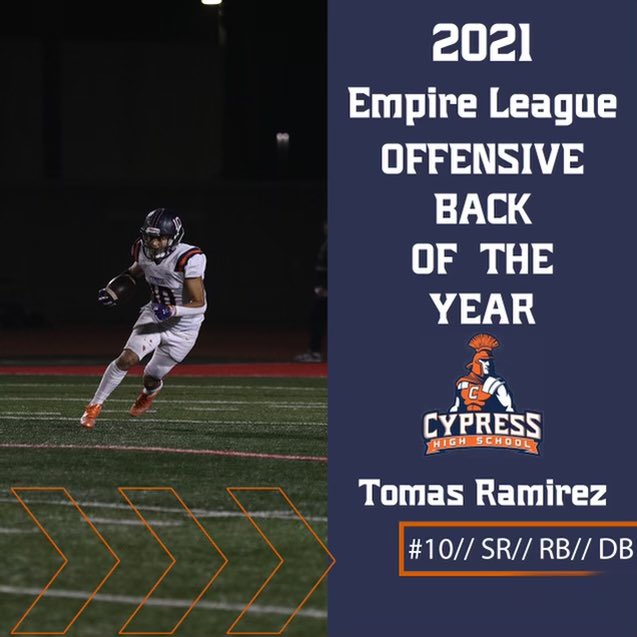 CypressHSFB's tweet photo. We would like to congratulate these 4 young men on earning their league awards. 
Empire League MVP: Matthew Morrell
DPOY: Muhammad Hassonuneh
OBOY: Tomas Ramirez 
Lineman of the Year: George Iyalomhe
#Nekton https://t.co/4FiyYJHyut