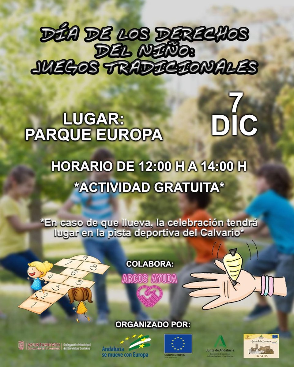 📍 La actividad con motivo del los Derechos de la Infancia, suspendida en su momento por el temporal de viento, se celebrará el 7 de diciembre en el parque Europa de 12 a 14 h.

Organiza: Delegación de #ServiciosSociales - #ERACIS
