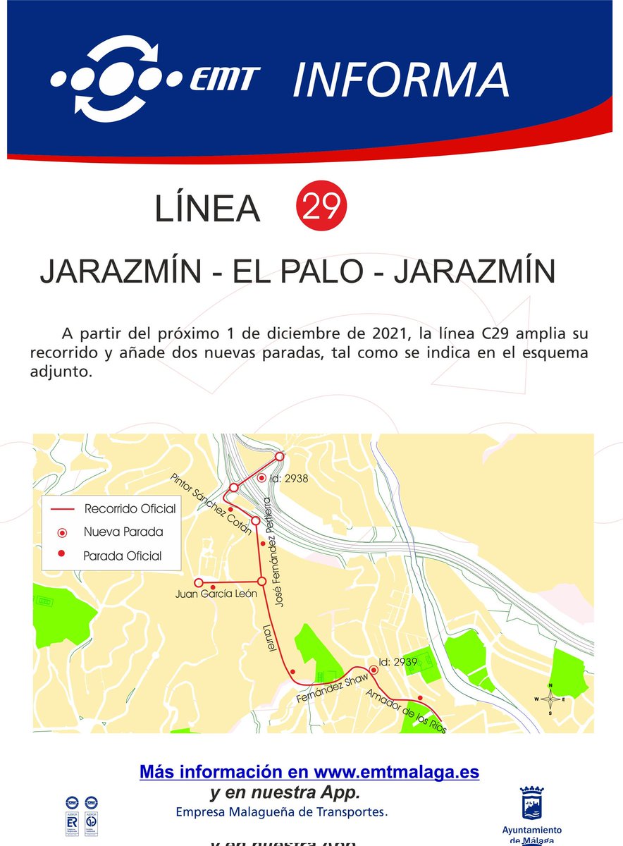EMT_Malaga's tweet photo. ⚠️La EMT informa: a partir del próximo día 1 de diciembre, la línea C29 amplia su recorrido y añade dos nuevas paradas, tal y como se indica en el esquema adjunto.
@malaga #emt #emtmalaga #emtsam #vamosemt #avisosemt #busemt #malaga https://t.co/Mc110Vy2de