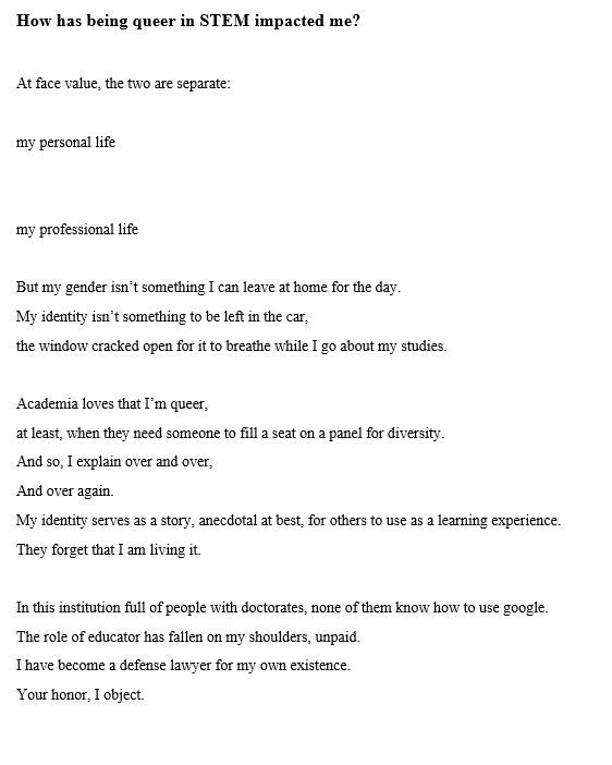 equigleychem's tweet photo. I never got around to posting the poem I wrote as my personal statement for this year's @OUTinSTEM scholarship, so uh here it is, pls be gentle with feedback bc it was just RAW emotion https://t.co/HzcxdDiCdN