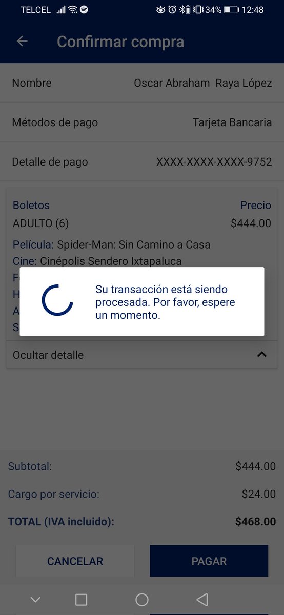 OscarAbrahamRa4's tweet photo. @AyudaCinepolis @Cinepolis ¿me pueden ayudar? Estaba comprando los boletos, la app me marcaba que estaba haciendo la transacción, sin embargo, de la nada me saca y de todos modos me hicieron el cargo a mi tarjeta. https://t.co/Ij9iXQ9heR