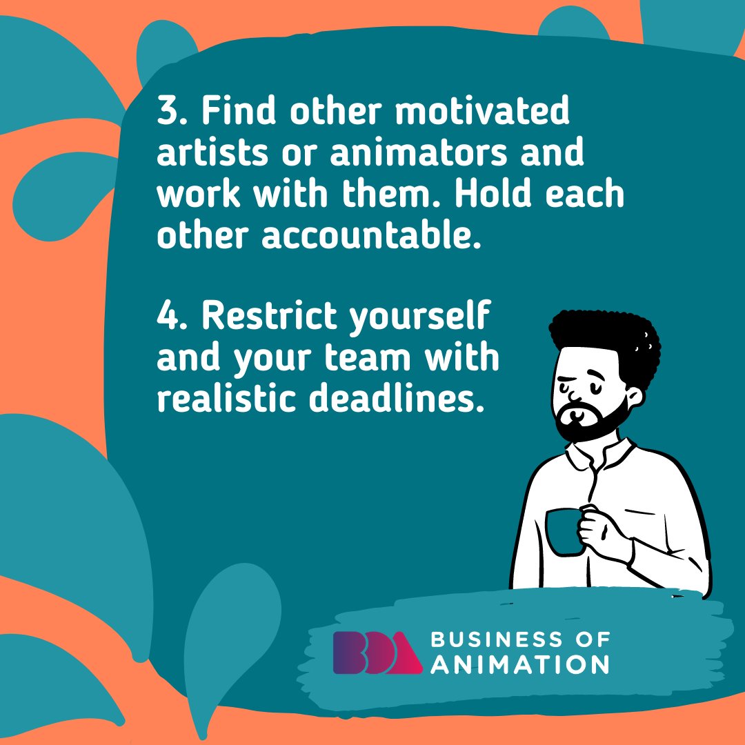 animationbiz's tweet image. 2. Plan an effective routine. Don't forget to include self-care in your schedule too.
3. Find other motivated artists or animators and work with them. Hold each other accountable.
4. Restrict yourself or your team with realistic deadlines.

#AnimatorTimeManagement