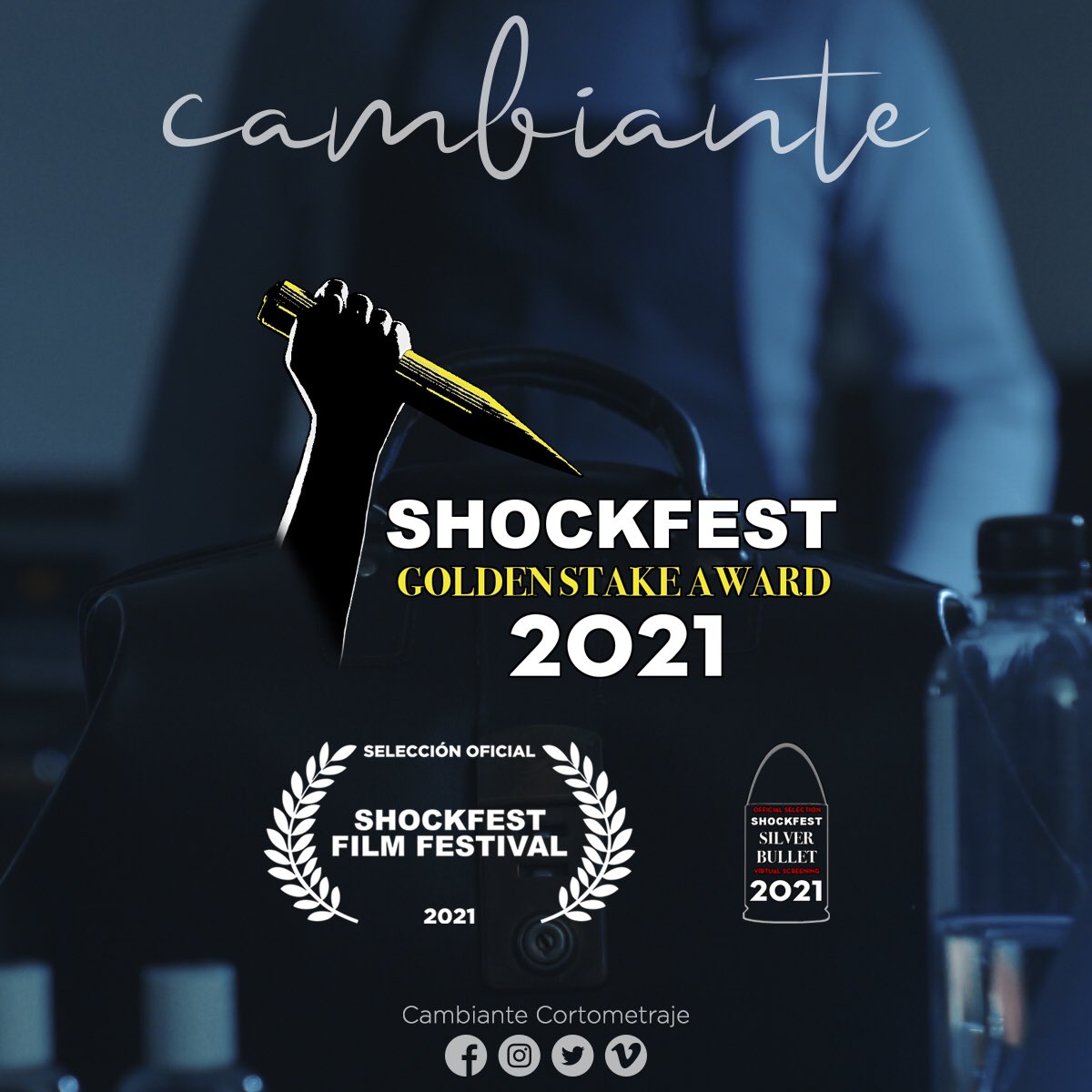 🇺🇸✨🎉🎬
Estamos a unos días del Shockfest Film Festival 2021 y hemos recibido un distintivo de Mención honorífica, el Golden Stake Award.

¡Gracias a #ShockfestFilmFestival por esta mención!

#GoldenStake #SilverBullet #CambianteCortometraje #Cambiante