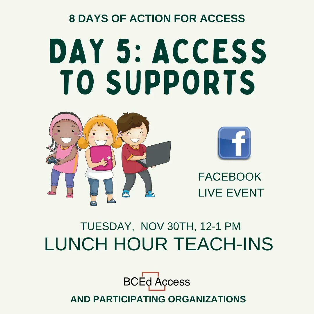 BCEdAccess's tweet photo. Join us tomorrow for Day 5 of 8 Days of Action for Access! Angela Clancy of @FSIBC will join us online to talk about Access to Supports in #bced and other systems. November 30th, 12 to 1 pm, 'like' our Facebook page to be notified when we go live!
#AccessDelayedIsAccessDenied https://t.co/Pe8OSt0VaL