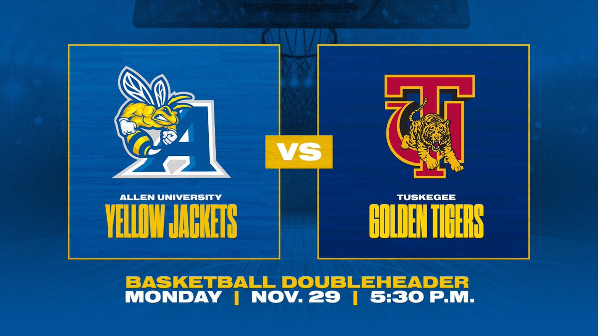 AllenUniv's tweet photo. It's going down tonight! AU Yellow Jackets  vs. Tuskegee Golden Tigers @ 5:30 &amp; 7:30PM Tonight!💙💛  #BasketballDoubleHeader #Swarmin' #AllenUniversity #AUBasketball https://t.co/lCl14z9ico