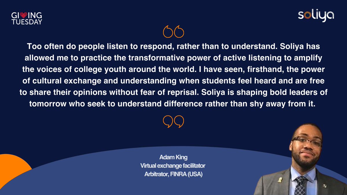 Soliya's tweet photo. A day before #GivingTuesday, our #VoicesOfSoliya campaign continues! How can you live boldly as a #GlobalCitizen? 1) Engage courageously with difference, 2) Practice #ActiveListening, 3) _______?  What step would you add? 🤔 #MondayMotivation #QOTD #VirtualExchange https://t.co/CRsiKmX9pq