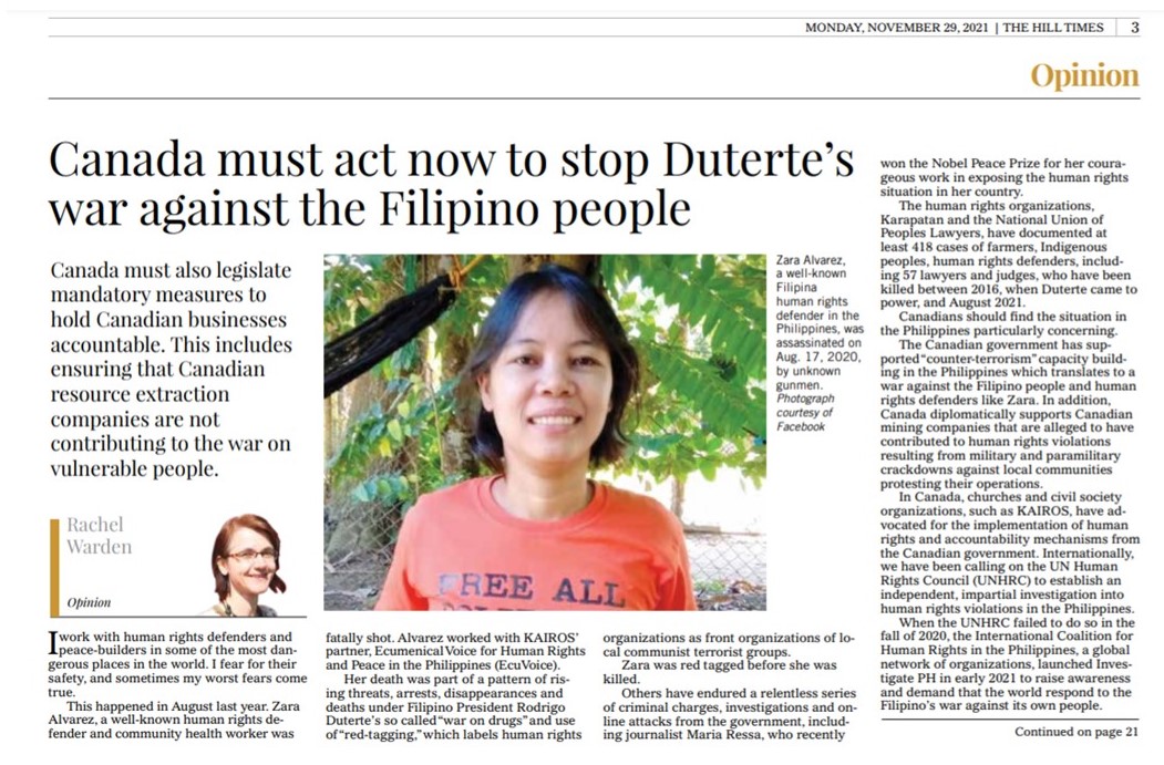 .@TheHillTimes op-ed by KAIROS’ Rachel Warden: Canada must act now to stop Duterte’s war against the Filipino people. hilltimes.com/2021/11/29/can… @Investigate_PH @melaniejoly @HarjitSajjan @mary_ng #Philippines #HumanRightsViolations #InvestigatePH