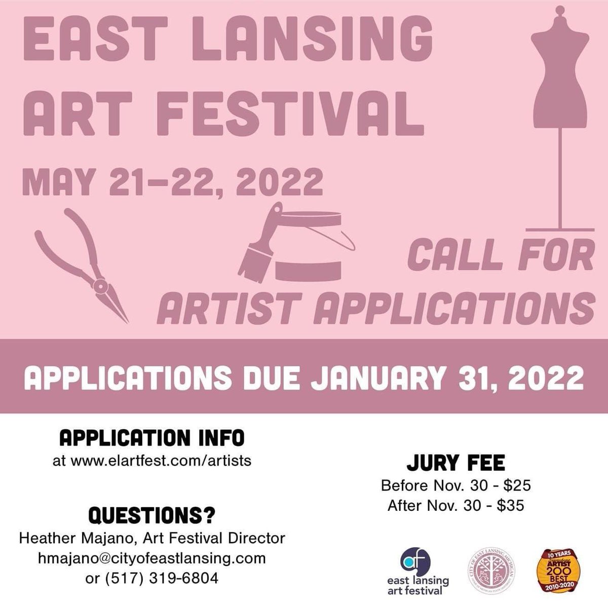 elartfest's tweet photo. Attention artists, the Early Bird application fee is set to expire on November 30th. Save $10 on the application fee by applying early to the 2022 East Lansing Art Festival today!

https://t.co/JTdJC2m17D

#applyearlytoday
#apply
#applytoday https://t.co/KN5uIG7VDg