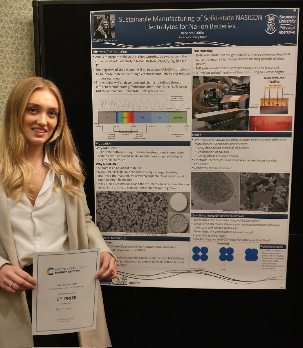 And finally... First prize goes to Rebecca Griffin from <a href="/SwanseaUni/">Swansea University</a>. We loved your poster on the sustainable manufacturer of NASICON. Very well done and enjoy your prize! 🎉