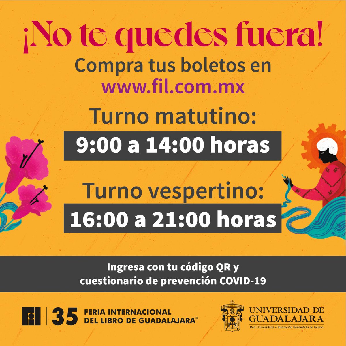 Recuerda que por esta ocasión la <a href="/FILGuadalajara/">FIL Guadalajara</a> tendrá dos horarios. 🕐

Te recomendamos revisar el programa y comprar boletos para el día y turno de tu preferencia. 👉  bit.ly/3cBirql