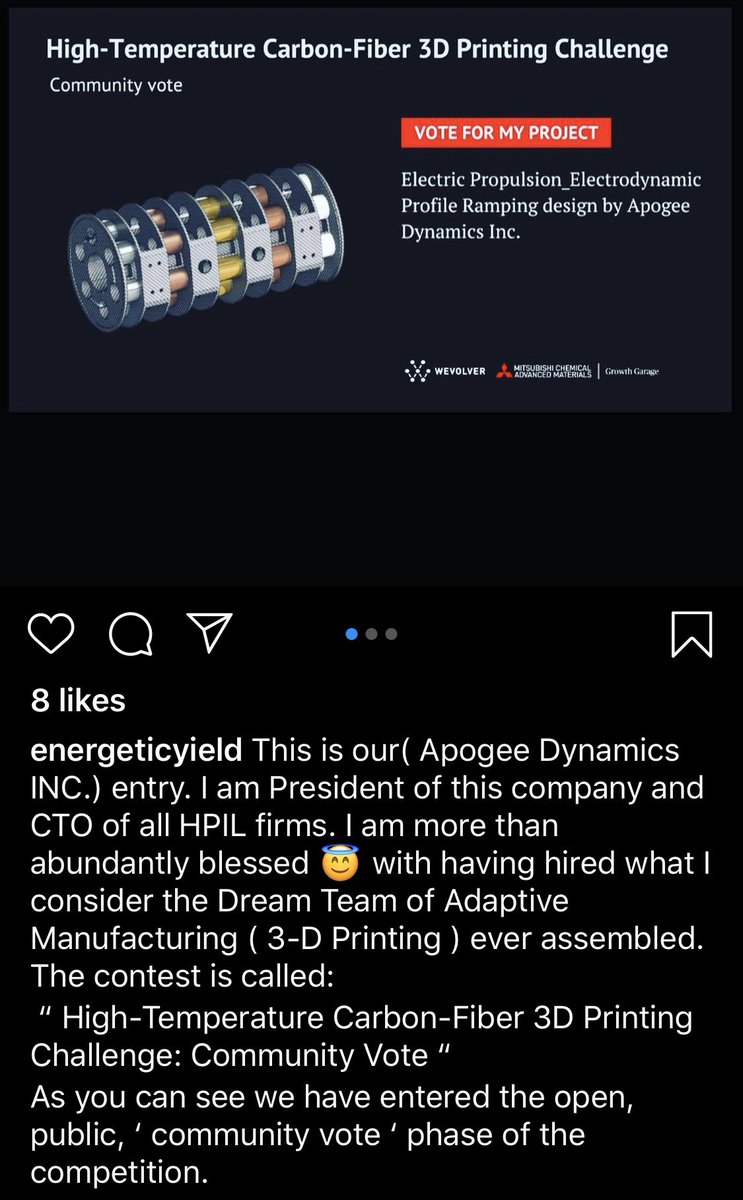 Dr_P_stocktalk's tweet photo. $HPIL this proposal from our very own #ApogeeDynamics for Electric Propulsion via Electrodynamic Profile Ramping has made it into the #TopTwelve of the Mitsubishi / Wevolver “High Temperature Carbon Fiber 3D Printing Challenge” community vote #HoldOn https://t.co/rvWr4jsS3p