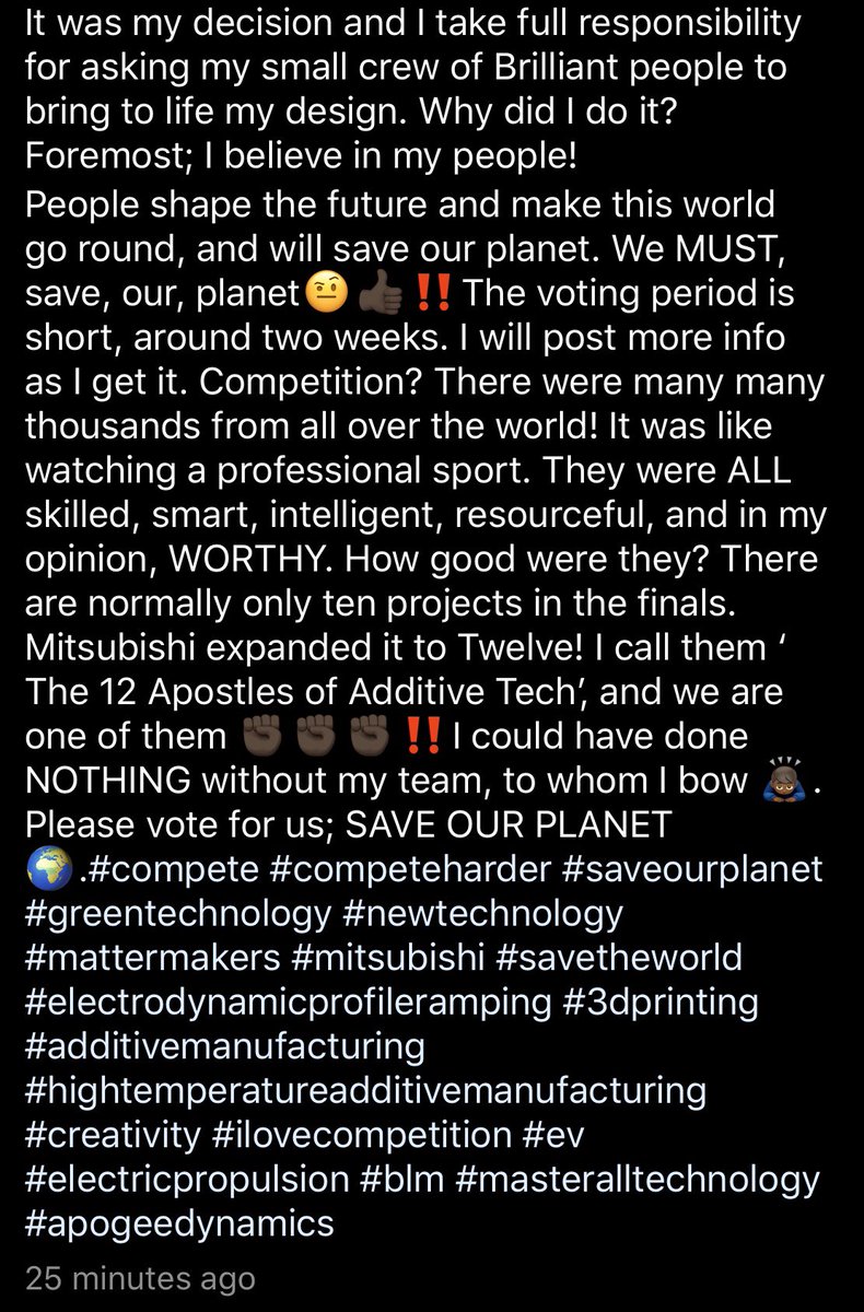 Dr_P_stocktalk's tweet photo. $HPIL this proposal from our very own #ApogeeDynamics for Electric Propulsion via Electrodynamic Profile Ramping has made it into the #TopTwelve of the Mitsubishi / Wevolver “High Temperature Carbon Fiber 3D Printing Challenge” community vote #HoldOn https://t.co/rvWr4jsS3p
