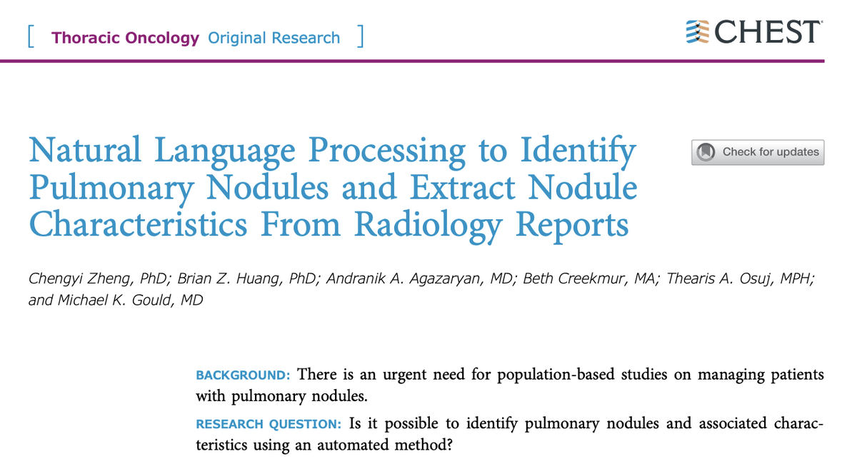 journal_CHEST's tweet photo. Identifying pulmonary nodules with a high degree of accuracy using a natural language processing algorithm in radiology transcripts. 

Read the full article from the November issue: 
https://t.co/qFFVvI6QEl #CHESTOnc @i8 
@KPSCalResearch https://t.co/hiLc6Ukh3l
