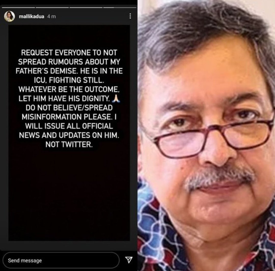 ZarinFalak's tweet photo. #MallikaDua  make request to people to not spread fake remours about his father #VinodDua who is in ICU, still fighting

#Trending #CyberMonday https://t.co/u0HSoueZLH