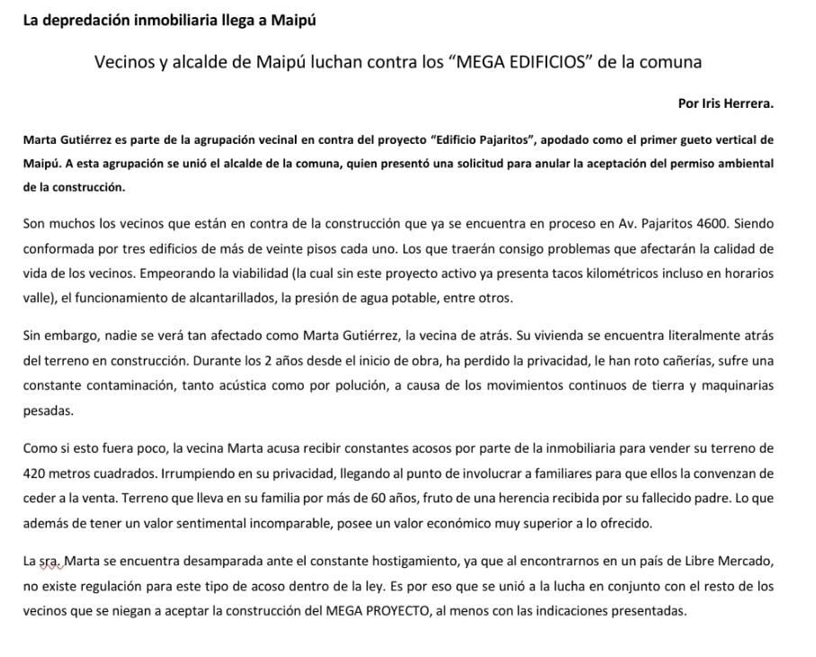 Depredainmo2021's tweet photo. Vecinos de Maipú se encuentran en una disputa contra inmobiliaria ubicada en Av.Pajaritos 4600, debido al efecto negativo que ha causado en su entorno. #DepredacionInmobiliaria #ProyectoTransmedia #BarriosLibresdeInmobiliarias

Comunicado oficial: https://t.co/z0kFBbx3Ez