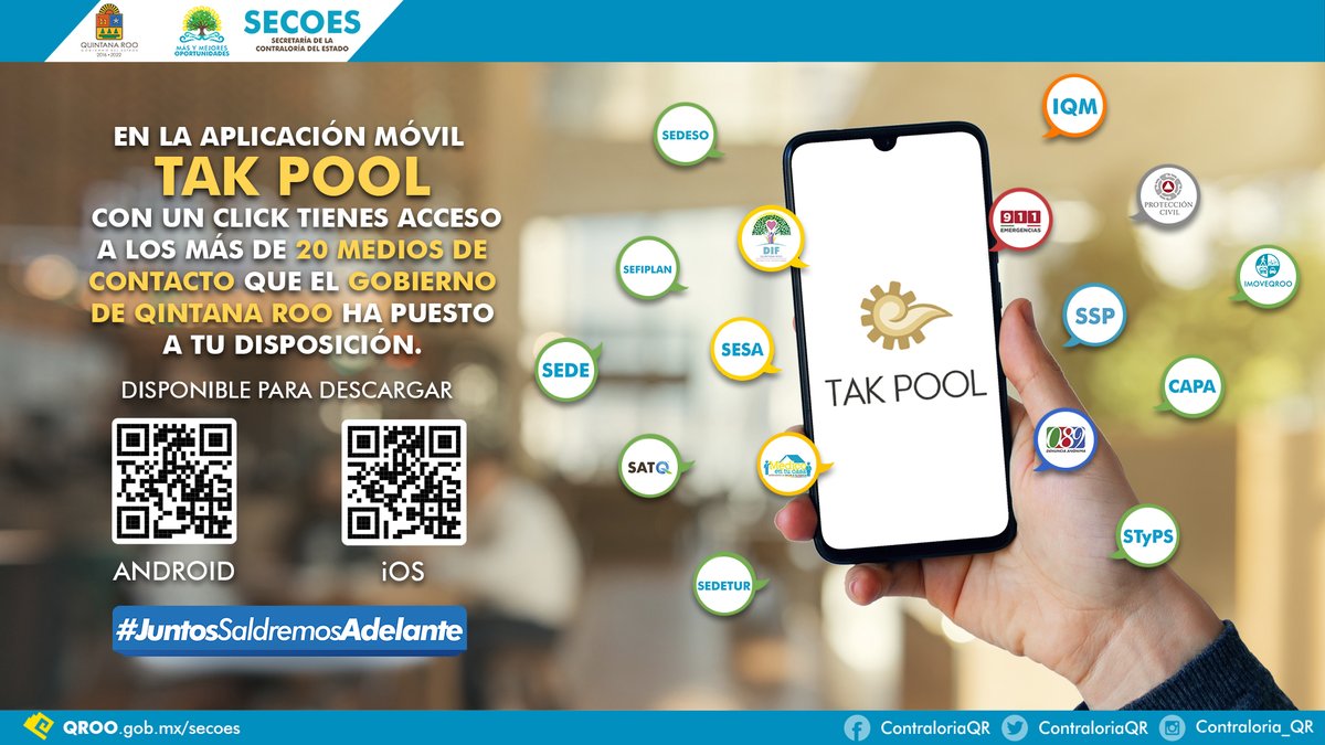 SABGOBQRoo's tweet photo. Recuerda que en la aplicación móvil #TakPool con solo un click tienes a tu disposición los más de 20 medios de contacto para solicitar ayuda u orientación al @GobQuintanaRoo durante esta emergencia sanitaria. #PonteVivo #JuntosSaldremosAdelante https://t.co/Vpw6GJHMom