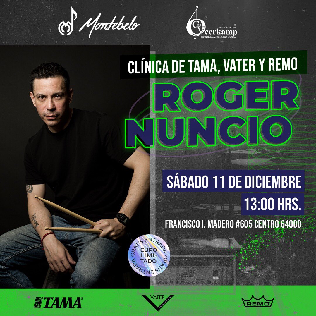 Roger Nuncio (@rogernuncio) on Twitter photo Este próximo sábado 11 de diciembre daré una Master Class en la tienda Musical Montebelo en Mty y la entrada será libre, vayan aprovechen y me preguntan lo que quieran.
<a href="/veerkamp/">Grupo Veerkamp Música</a> <a href="/Aca_Veerkamp/">Academia de Música Veerkamp</a> Este próximo sábado 11 de diciembre daré una Master Class en la tienda Musical Montebelo en Mty y la entrada será libre, vayan aprovechen y me preguntan lo que quieran.
<a href="/veerkamp/">Grupo Veerkamp Música</a> <a href="/Aca_Veerkamp/">Academia de Música Veerkamp</a>