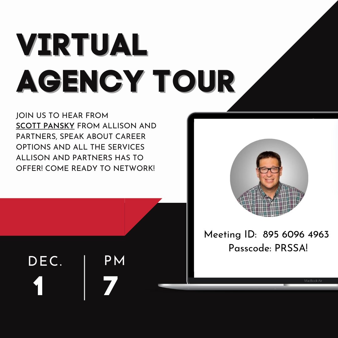 Join us this Wednesday at 7pm to hear from Scott Pansky from Allison and Partners. This will be our last event of the semester, so don't miss it &amp; be prepared to network! We are looking forward to seeing you 🤗

#CSUN #CSUNPrssa #PRSSA #AgencyPR