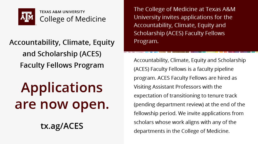 The deadline to apply to our ACES Faculty Fellows Program is on December 1. Early career scholars who have earned or will earn their PhD between Jan. 1, 2018 and July 1, 2022 are welcome to apply.

Apply here: tx.ag/ACES