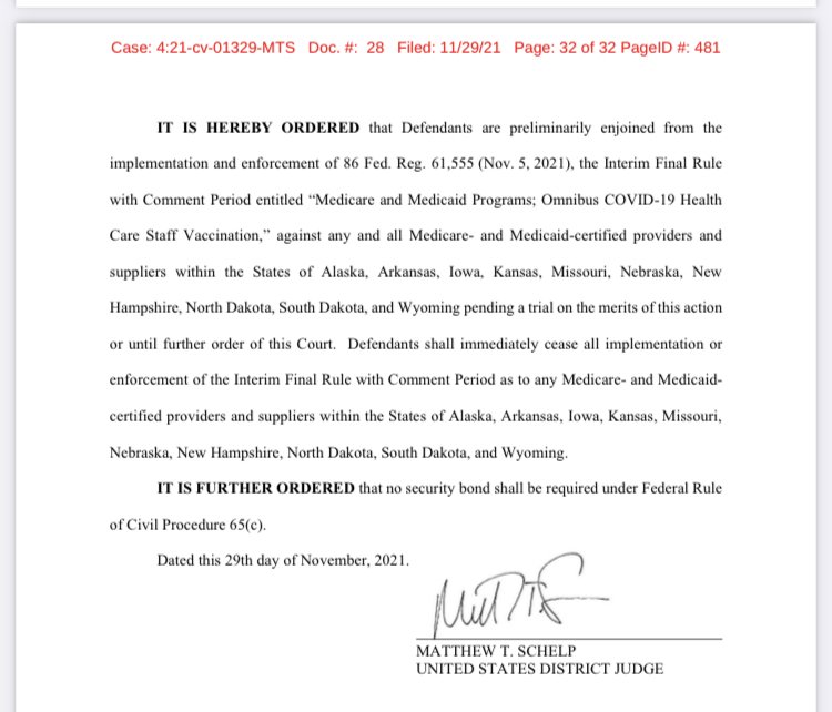 BLNewsMedia's tweet photo. BREAKING: Federal court rules against Biden vaccine mandate for federal healthcare workers.
The ruling applied to the plaintiff states of Alaska, Arkansas, Iowa, Kansas, Missouri, Nebraska, New Hampshire, North Dakota, South Dakota, and Wyoming.
https://t.co/tU512FnBuq https://t.co/7tkV1ASaof