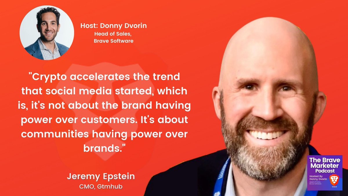 brave's tweet photo. This week on #TheBraveMarketer podcast, @jer979, CMO @gtmhub, dives deep into how the decentralized revolution and emergence of NFTs is impacting brands and marketers by shifting the power back to communities. Listen here: https://t.co/WZgWExCTUL. Host: @DonnyDvorin. https://t.co/A6otLkBkeb