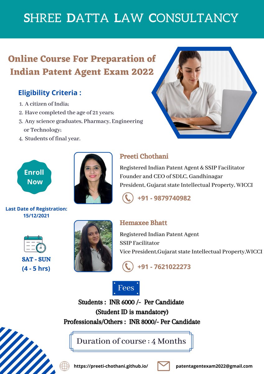 preetichothani's tweet photo. ANNOUNCEMENT

Online course for Indian Patent Agent Examination 2022 by Shree Datta Law Consultancy (SDLC), Gandhinagar
Wish you all the best to all aspirants.
Registration link :
https://t.co/ldoBWFhSBw
#sdlc #patentagentexam #patents #patentagent #online #course #ip #patent https://t.co/R5PBwYo3HU