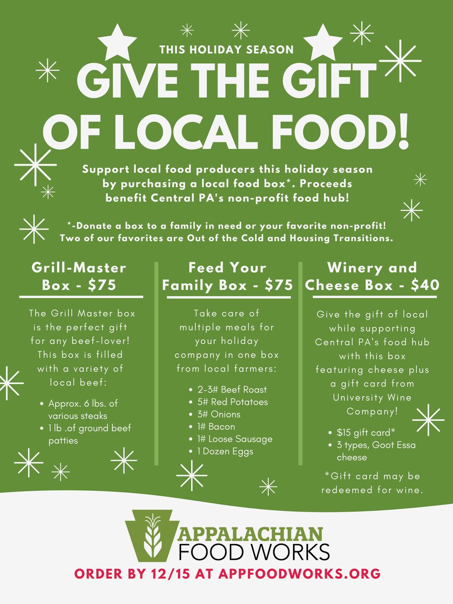 Looking for a way to support #localfood this holiday season? Consider Local Food Boxes from AFW! Pick from 3 boxes for the perfect gift, or donate a box to a family in need. Order by 12/15 appfoodworks.localfoodmarketplace.com #whatslocal #paprefferred #statecollege #centralPA #happyvalley