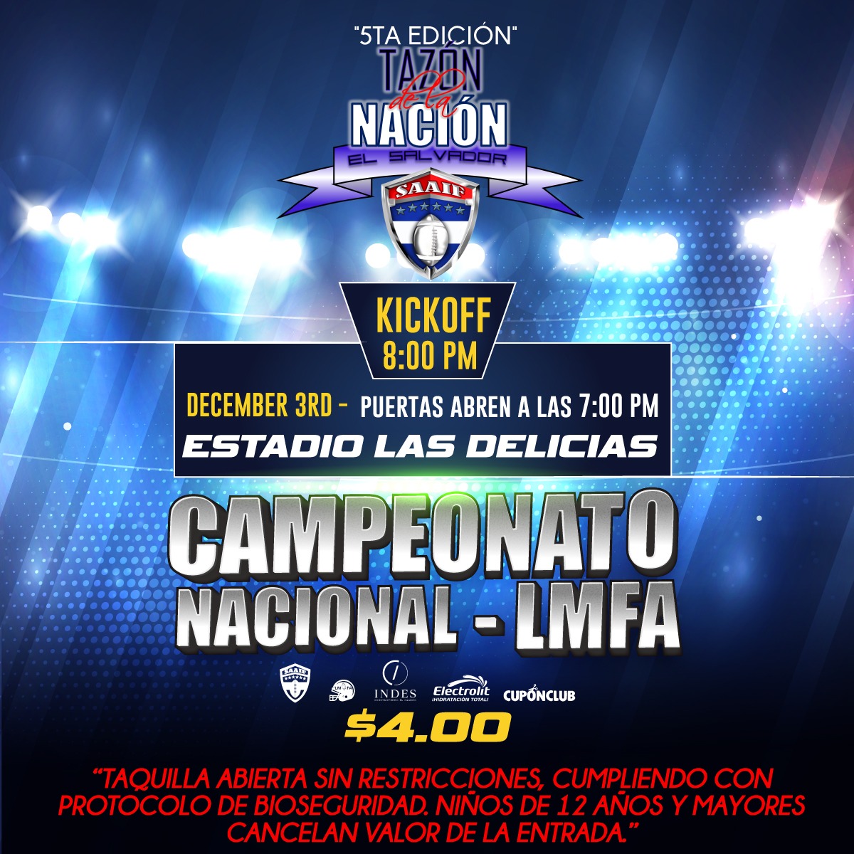 Recuerden que este viernes 3 de diciembre nos vemos en el Estadio Nacional Las Delicias para vivir juntos la quinta edición del #TazónDeLaNación 🏆en donde se estarán enfrentando por el campeonato los equipos de Caimanes y Barbarians ¡Los esperamos!🏈
#WeAreSAAIF #LMFA