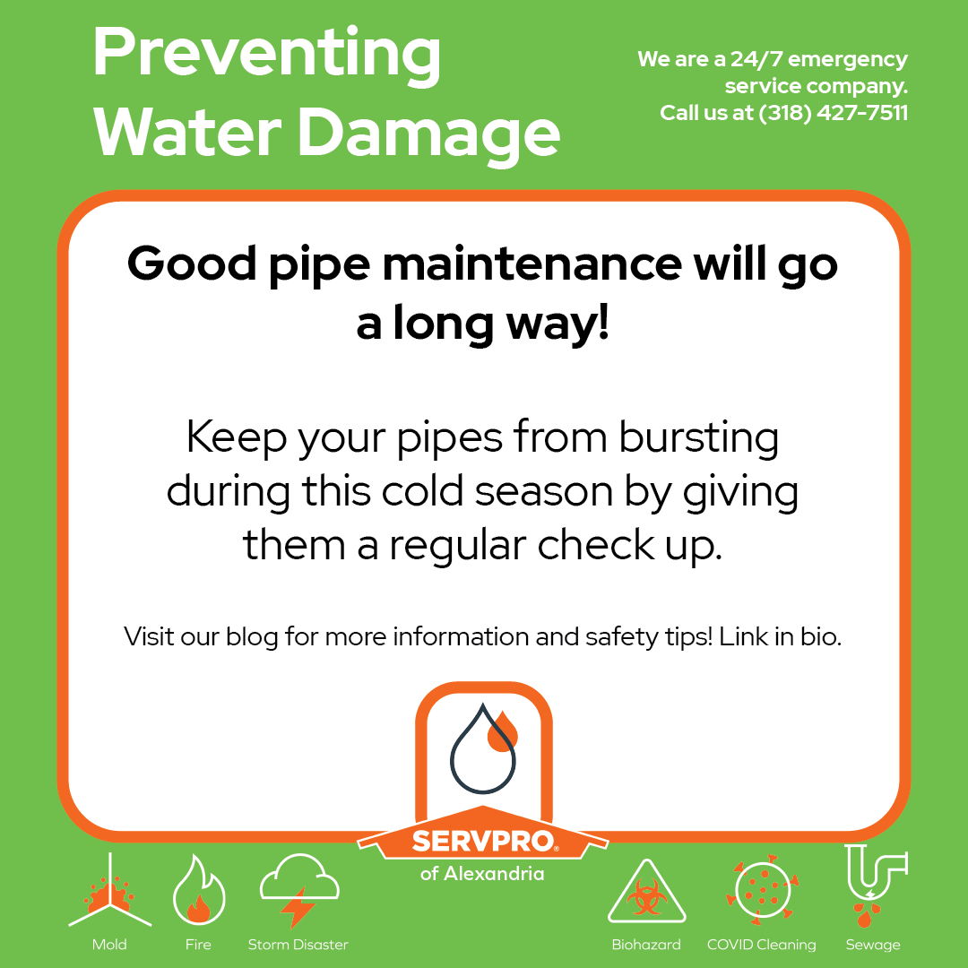 Keep your pipes safe! Winter is here and those pipes will be feeling it soon! 
Here are some tips from your friends at SERVPRO of Alexandria to help prevent your pipes from bursting.
bit.ly/32yVjqO
#waterDamage #heroReady #winter #preventDamage #pipeMaintenance #safeHome