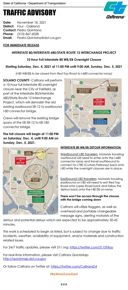 CaltransD4's tweet photo. #TRAFFICALERT:  I-80/I-680/SR 12 Interchange Project: 10 Hour Full Interstate 80 WB/EB Overnight Closure Starting Saturday, Dec. 4, 2021 at 11:00 PM until 9:00 AM, Sunday, Dec. 5, 2021 
(I-80 WB/EB to be closed from Red Top Road to I-680 connector ramp) #PlanAhead #SolanoCounty https://t.co/UfxivOSyiW