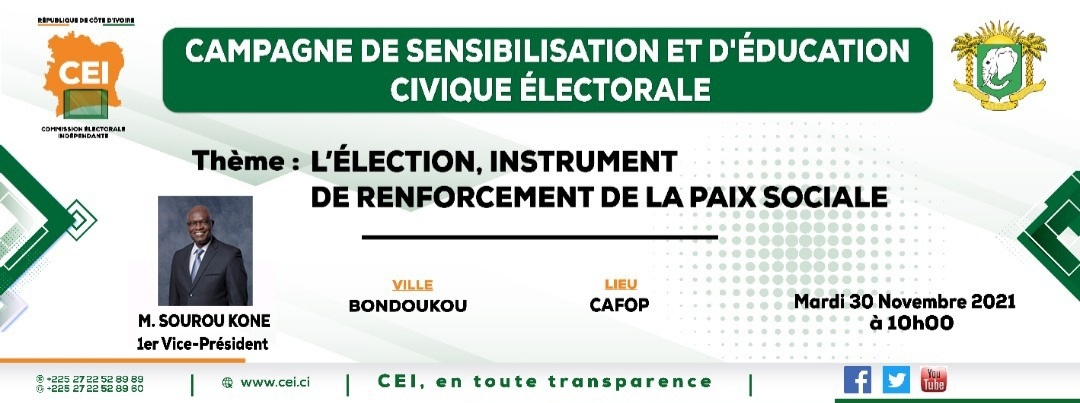 #CIV225 #Team225 <a href="/peace_civ/">Peace CI</a> @ndi_ci16 <a href="/Indigo_CI/">Indigo Côte d'Ivoire</a> <a href="/RECEF_ORG/">RECEF</a>
La #CEI poursuit sa campagne de #sensibilisation à #Bondoukou. M. Sourou KONE 1er Vice-président rencontre les jeunes (étudiants) &amp; es acteurs politiques de la région au #CAFOP mardi 30 Nov 2021 à 10h
<a href="/RadioCiv/">Radio Côte d'Ivoire</a> <a href="/RTI_info/">RTI Info</a>