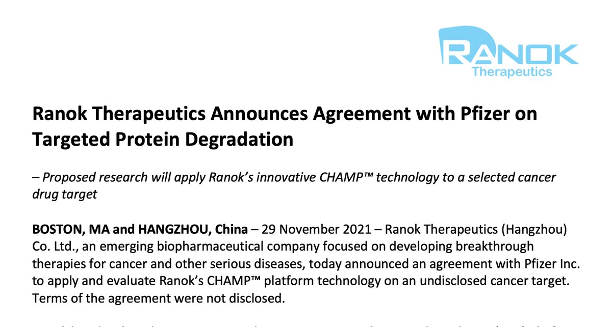 RanokTx's tweet photo. PRESS RELEASE: Ranok Therapeutics @RanokTx  announces agreement with Pfizer on targeted protein degradation
https://t.co/12rehxB2Co https://t.co/o7bKEgyTrl