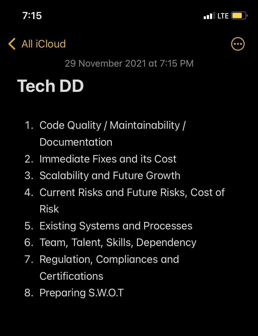 navrajputllc's tweet photo. Update: Finished #Technical #DueDiligence for our Acquisition and here are some of my learnings. โ ๏ธ Long thread on this entire journey below. Excuse typos/grammar. Will add the #TechDD template in the bottom ๐๐ผ https://t.co/V4507Rk0J4