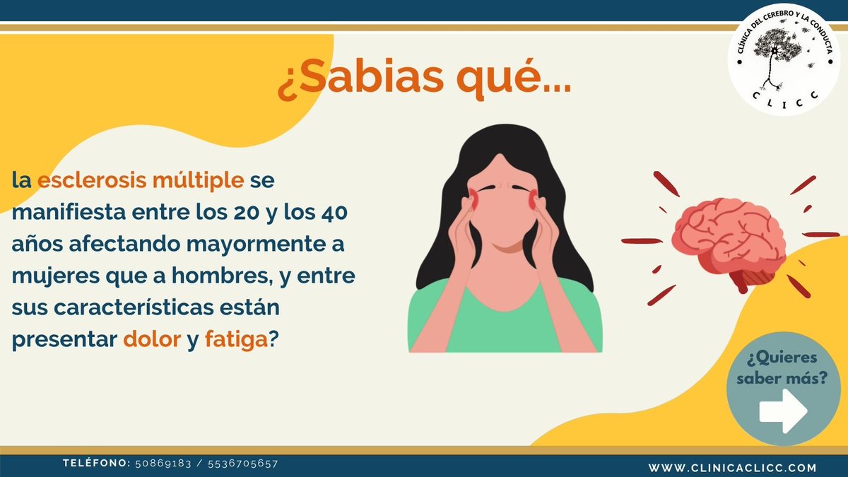 clicc_clinica's tweet photo. ¿Sabes qué es la esclerosis múltiple? 🤔🧐🤓🧠
👉 ¡Aquí te lo explicamos!
#GeneramosExperienciasQueCambianRealidades #procesoscognitivos #psicologia #saludmental #deteriorocognitivo
Tel.50869183 y 5536705657
¡Haz una cita! https://t.co/yqQjiHd6HX https://t.co/wRRjW8WzHn