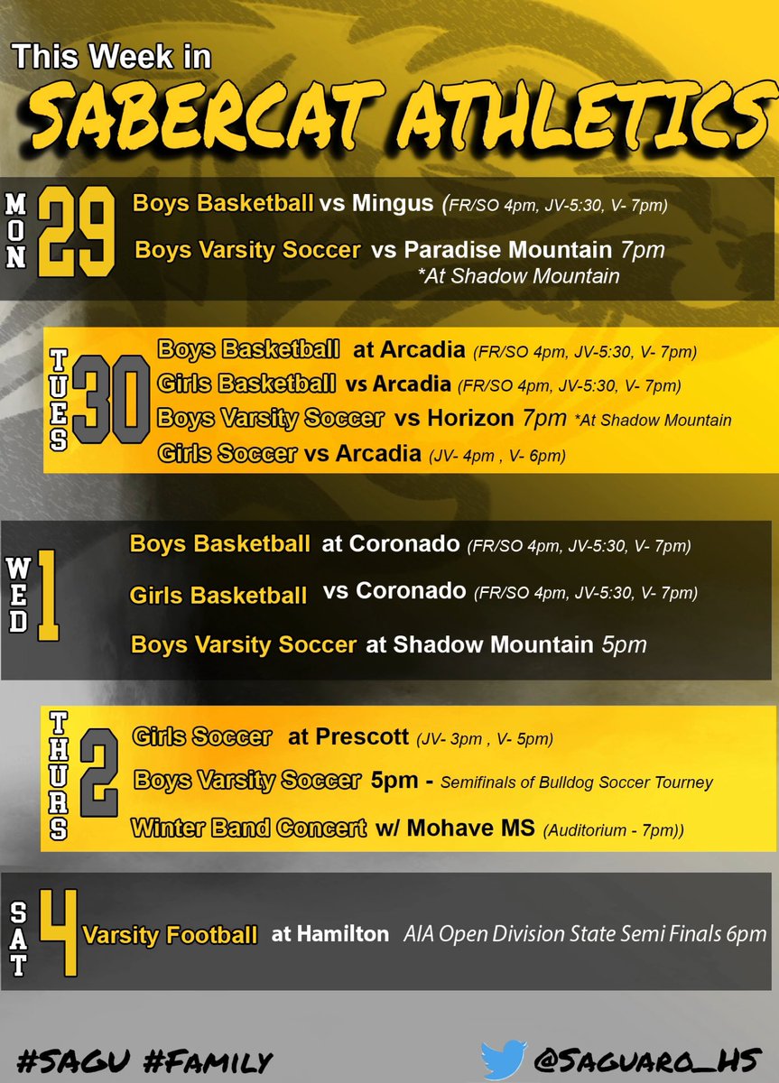 Sabercat Nation (@saguaro_hs) on Twitter photo Winter sports officially underway as our <a href="/MBBSaguaro/">Saguaro HS Mens Basketball</a> & <a href="/HsSaguaro/">Saguaro HS Girls Basketball</a>, & Girls Soccer host home openers. <a href="/SaguaroHighFC/">The Official Account of Saguaro Soccerโฝ๏ธ</a> begins season in Bulldog Tourney and our <a href="/saguarofootball/">Saguaro Football</a> team advances to the AIA Open Division State Semifinals. #SagU #Family Winter sports officially underway as our <a href="/MBBSaguaro/">Saguaro HS Mens Basketball</a> & <a href="/HsSaguaro/">Saguaro HS Girls Basketball</a>, & Girls Soccer host home openers. <a href="/SaguaroHighFC/">The Official Account of Saguaro Soccerโฝ๏ธ</a> begins season in Bulldog Tourney and our <a href="/saguarofootball/">Saguaro Football</a> team advances to the AIA Open Division State Semifinals. #SagU #Family