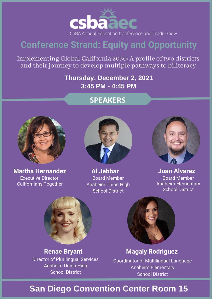 DrRenaeBryant's tweet photo. If you will be at the #CSBA #AEC join Californians Together, #AUHSD, &amp; #AESD Thurs., 12/2 from 3:45-4:45 PM as we discuss imp Global 2030 through our robust DLI prog at elem in Spanish &amp; Korean; @ secondary in Spanish &amp; Viet. #UnlimitedYou #AmazingAESD #CalTog #CSBAAEC  @xilonin https://t.co/D5hKPGWpg2