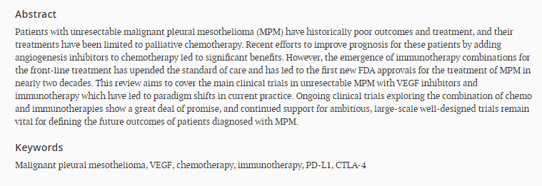 OAE_JCMT's tweet photo. #MPM(malignant pleural mesothelioma) #VEGF Excellent article sharing"Treatment of unresectable malignant pleural mesothelioma in 2021: emerging standards in immunotherapy".@kevingblyth @perth_meso_dr @TheMesoCenter @AndresFCardonaZ @giusvisc 
Download free:https://t.co/LA1D71Nptj https://t.co/D7tUd51cW0