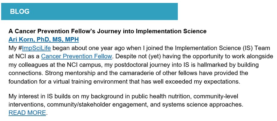 Reflections on my journey into #ImpSciLife with @NCI_ImplSci as a Cancer Prevention Fellow #impsci 
cancercontrol.cancer.gov/is/blog/fellow…